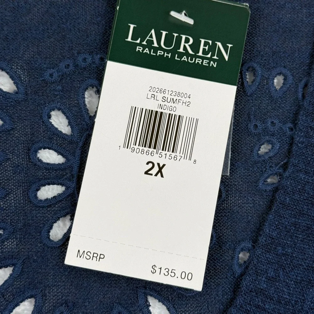 Lauren Ralph Lauren‎ Indigo Blue Linen Blend Eyelet Back Cardigan Sweater 2X NEW